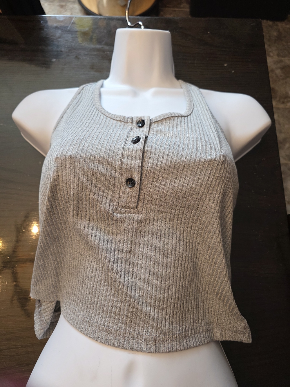 Grey Beige Ribbed Henley Crop Tank Size M